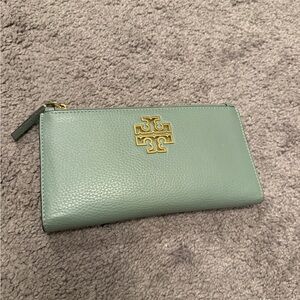 Tory Burch Sage Green Leather Zip Continental Wallet with Gold Logo
